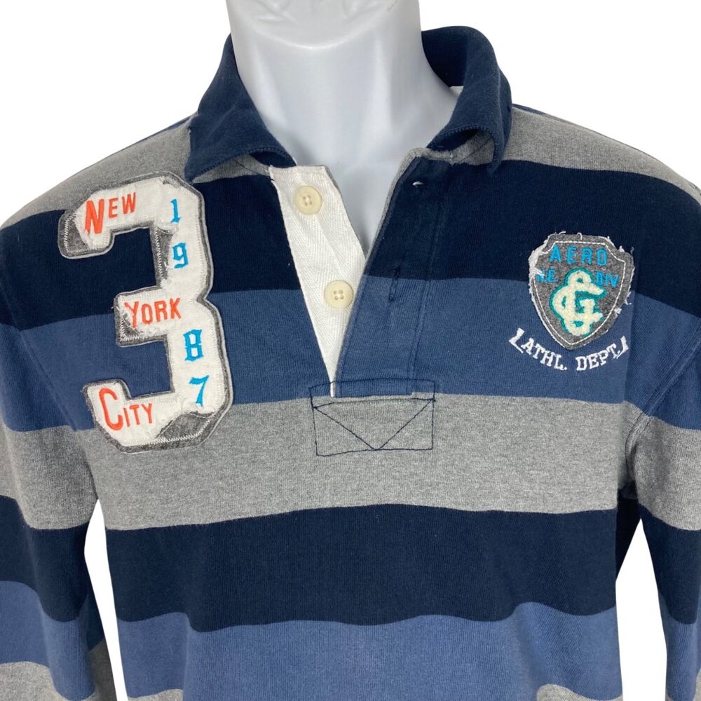 Aeropostale Rugby Shirt Mens Small Blue Gray Striped NYC Patch Athletic Y2K - Picture 2 of 12